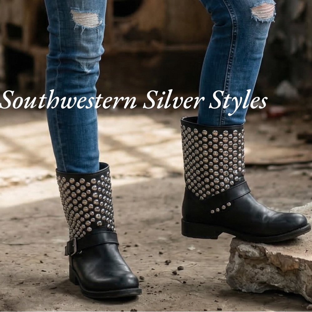 NEW Rebecca Minkoff Women’s Black Leather Silver Studs Biker Moto Combat Boots